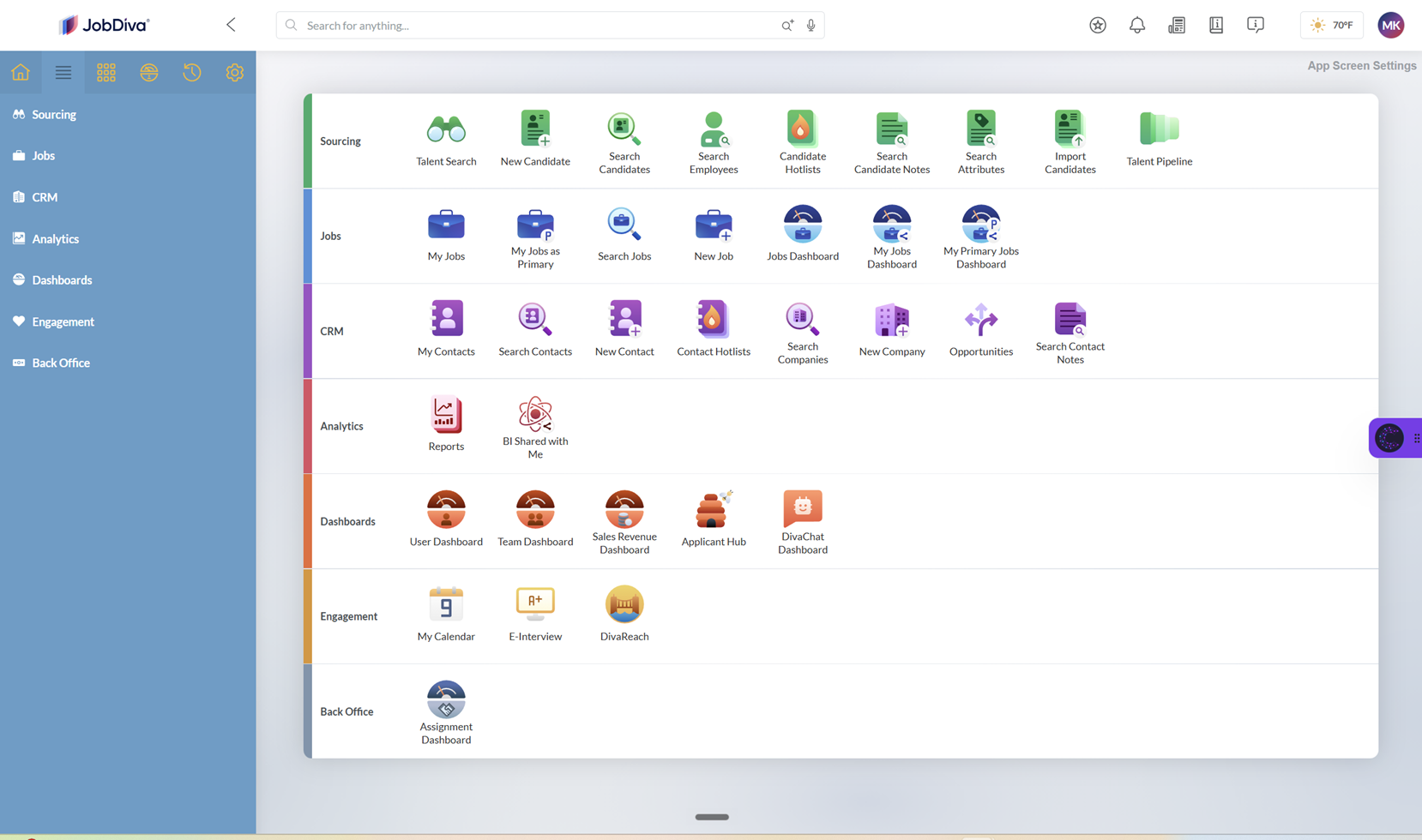 JobDiva home screen with the Curately extension open