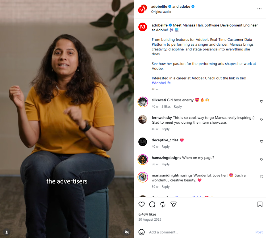 Adobe Life Instagram post featuring software engineer Manasa Hari sharing her career story