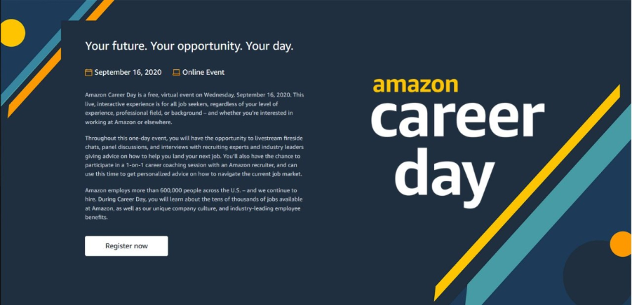 Amazon Career Day virtual hiring event landing page with a register now button