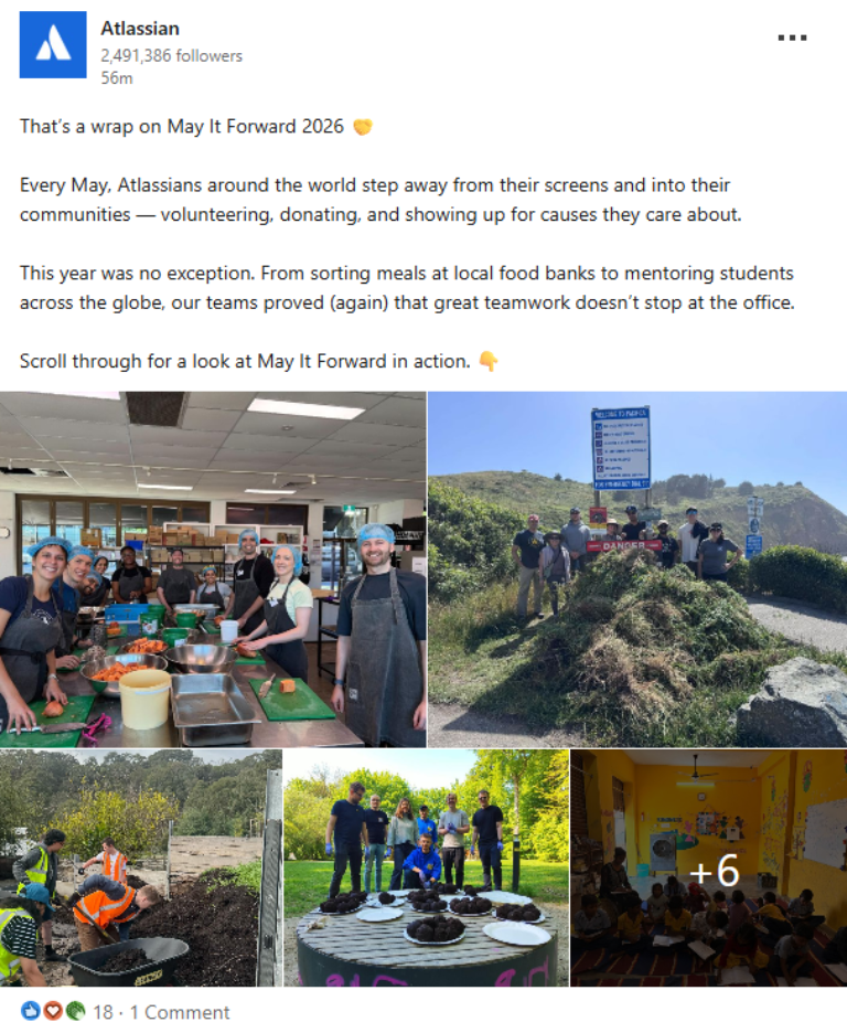 Atlassian LinkedIn post recapping the May It Forward 2026 employee volunteering initiative
