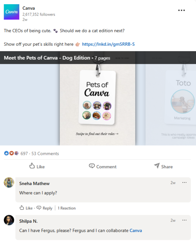 Canva LinkedIn post featuring the Pets of Canva employee culture series