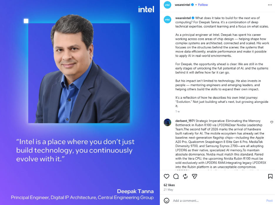 Intel Instagram post featuring Principal Engineer Deepak Tanna on career growth