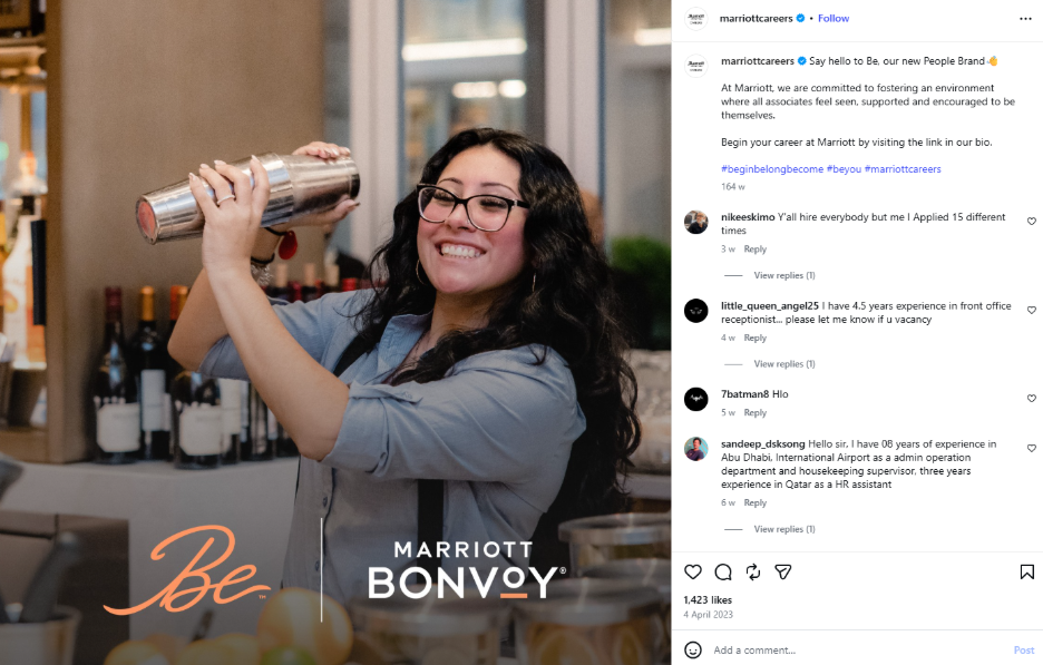 Marriott Careers Instagram post introducing the Be People Brand featuring an employee