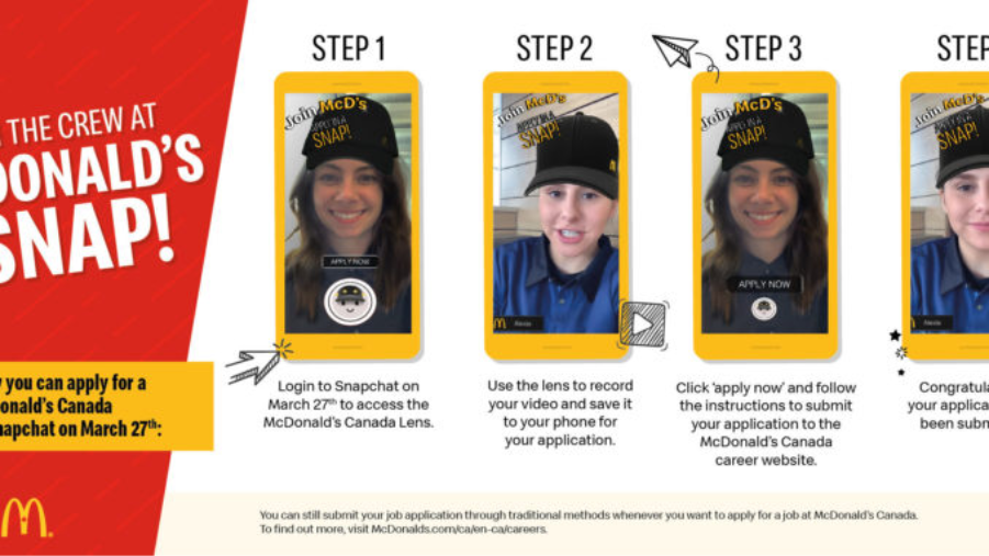 McDonald's Snaplications campaign showing the four steps to apply for a job through a Snapchat lens