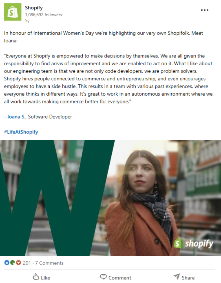 Shopify LinkedIn post highlighting employee Ioana for International Women's Day